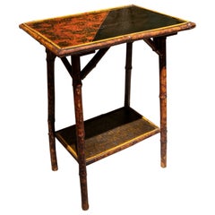 Antique Chinese Bamboo Side Table with Two Shelves and Black Lacquered Top with Flowers