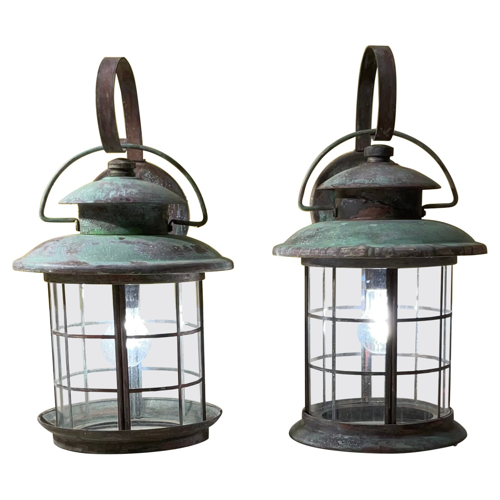 Pair of Vintage Handcrafted Wall-Mounted Brass Lantern For Sale