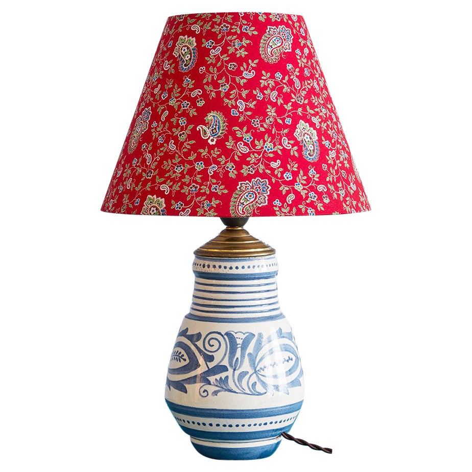 Vintage Blue Ceramic Table Lamp with Red Customized Shade, France, 20th Century For Sale