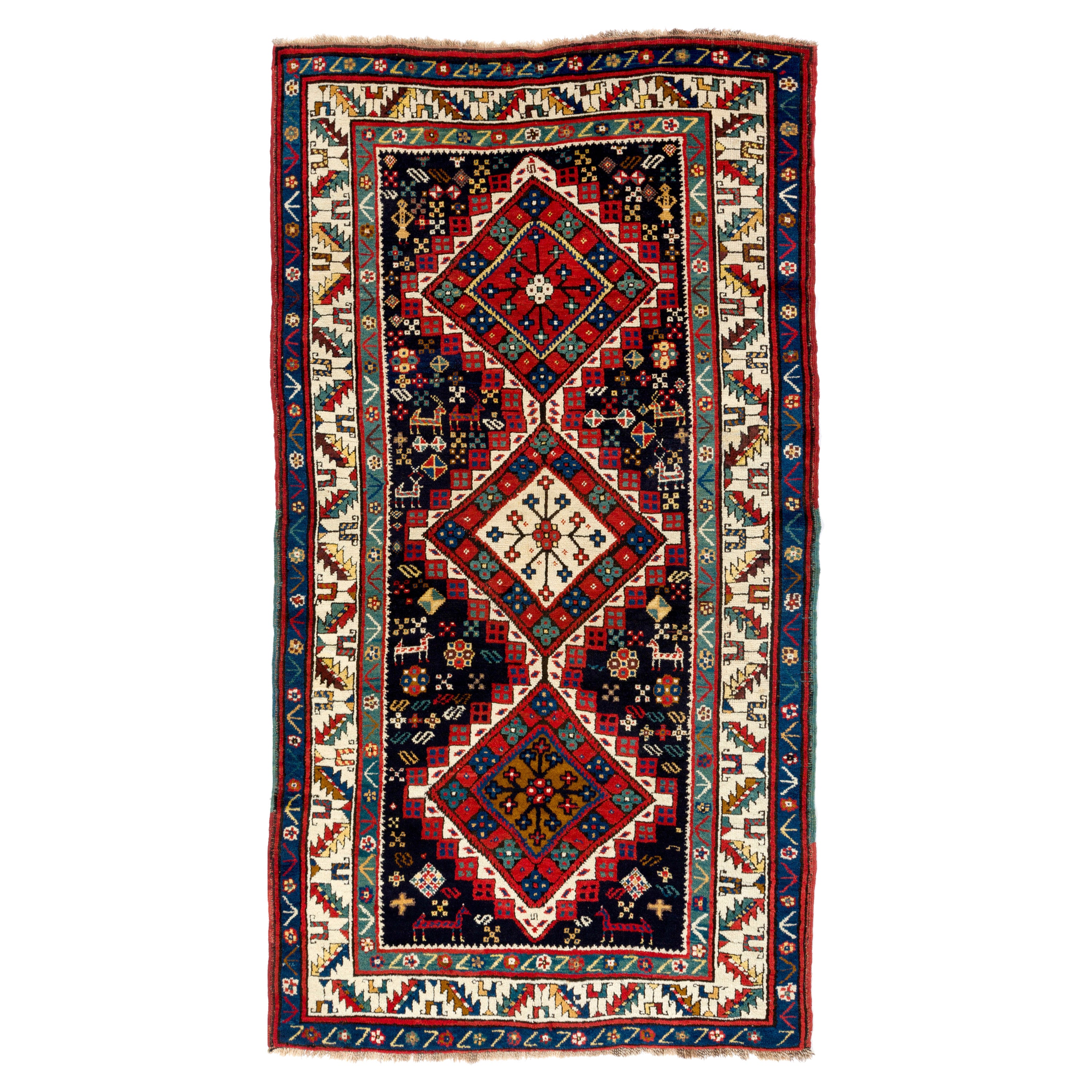 Ancien tapis caucasien Shahsavan à poils longs, excellent état, vers 1880