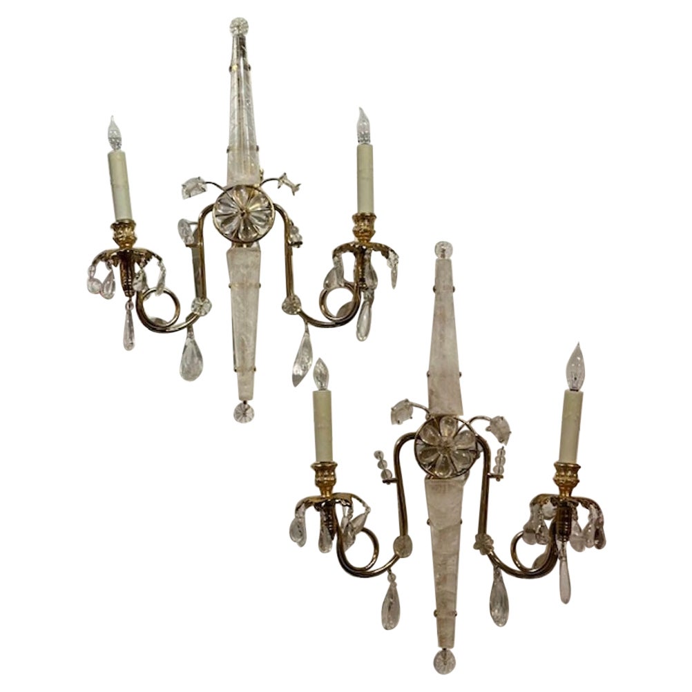 Pair of Italian Bagues Manner Polish Brass and Rock Crystal Sconces