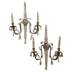 Pair of Italian Bagues Manner Polish Brass and Rock Crystal Sconces