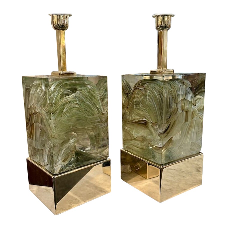 Pair of Murano Block Lamps For Sale