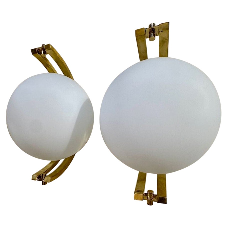 Pair of Modern Murano Glass and Brass Ball Form Sconces For Sale