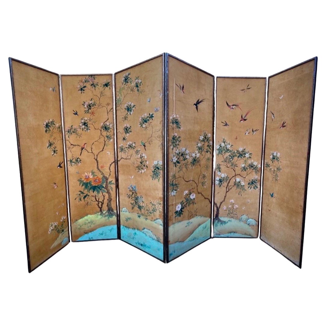 19th C. Chinese Hand Painted Silk 6-Panel Wallpaper Floor Screen Mounted As A Pr