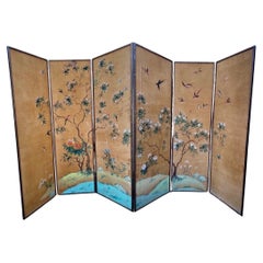 Antique 19th C. Chinese Hand Painted Silk 6-Panel Wallpaper Floor Screen Mounted As A Pr