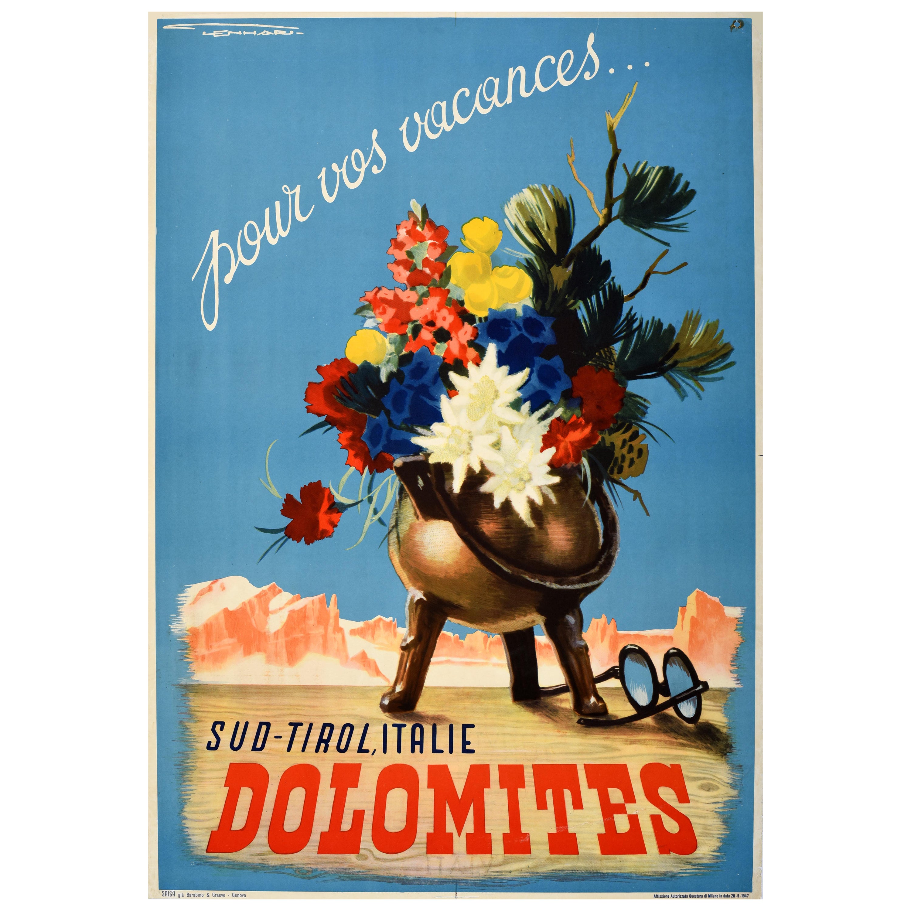 Original Vintage Travel Advertising Poster Dolomites Holiday Italy Franz Lenhart For Sale