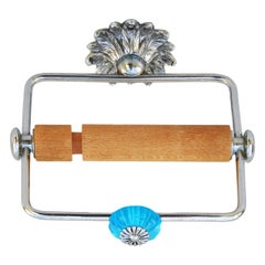 French Mid Century Blue Glass & Chrome Toilet Paper Holder C1960s