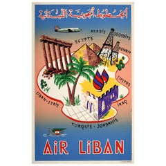 Rare affiche de voyage originale d'Air Liban Middle East Airlines avec carte du Liban