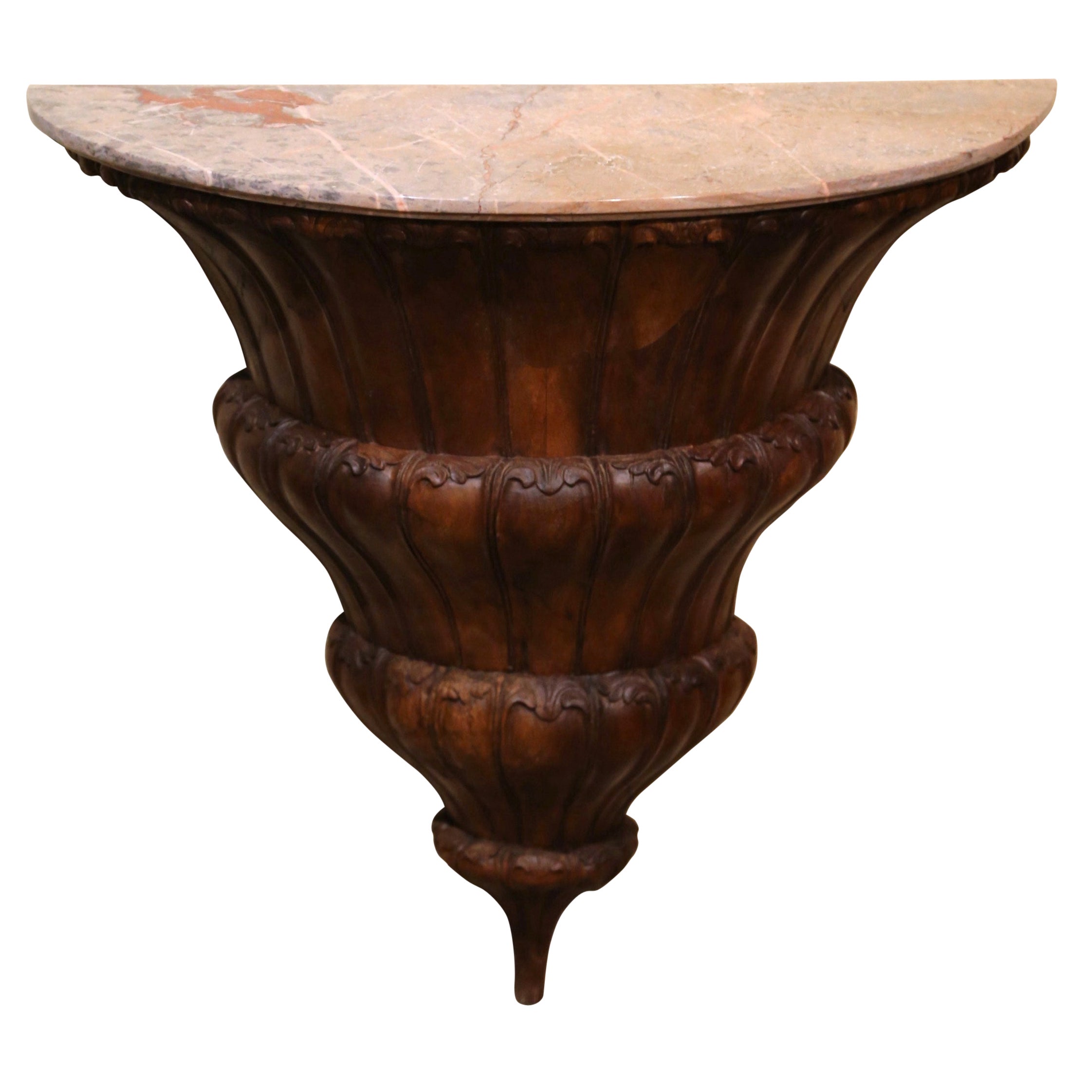 Early 19th Century French Louis XIV Marble Top Carved Walnut Wall Console Table For Sale