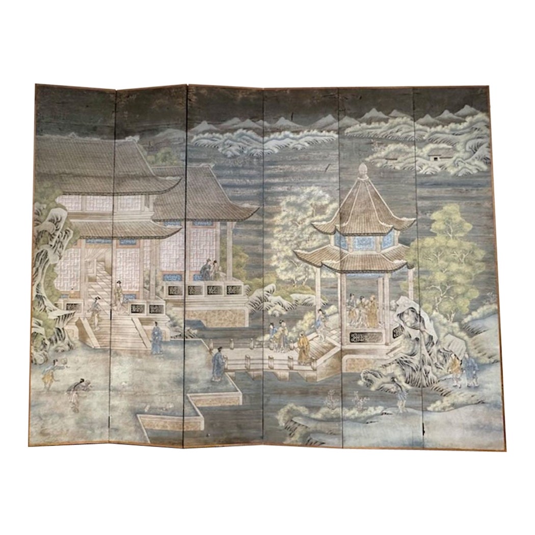 Antique Chinese Hand Painted Panel Screen For Sale