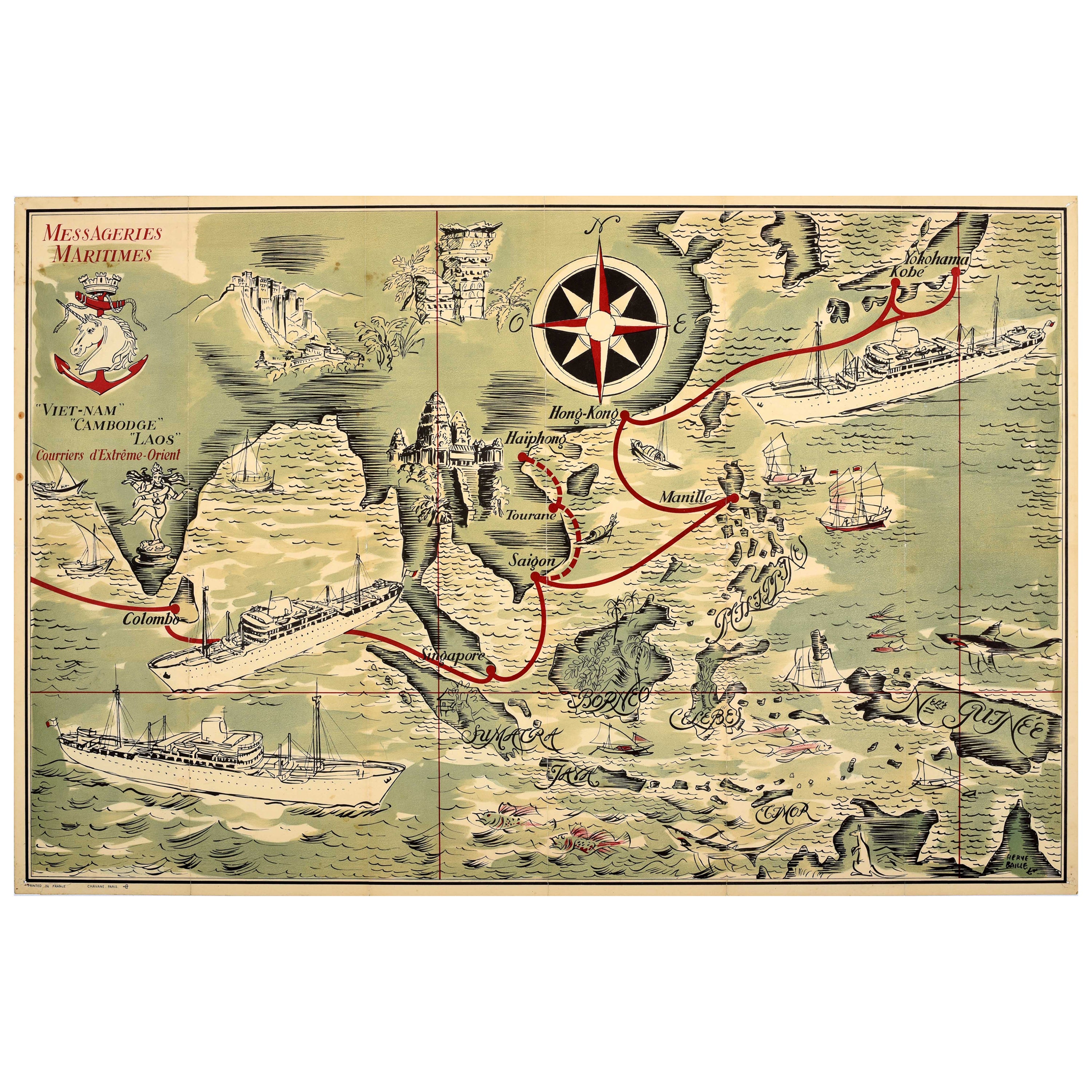 Original-Vintage-Werbeplakat, Messageries Maritimes Far East Map H Baille, H Baille