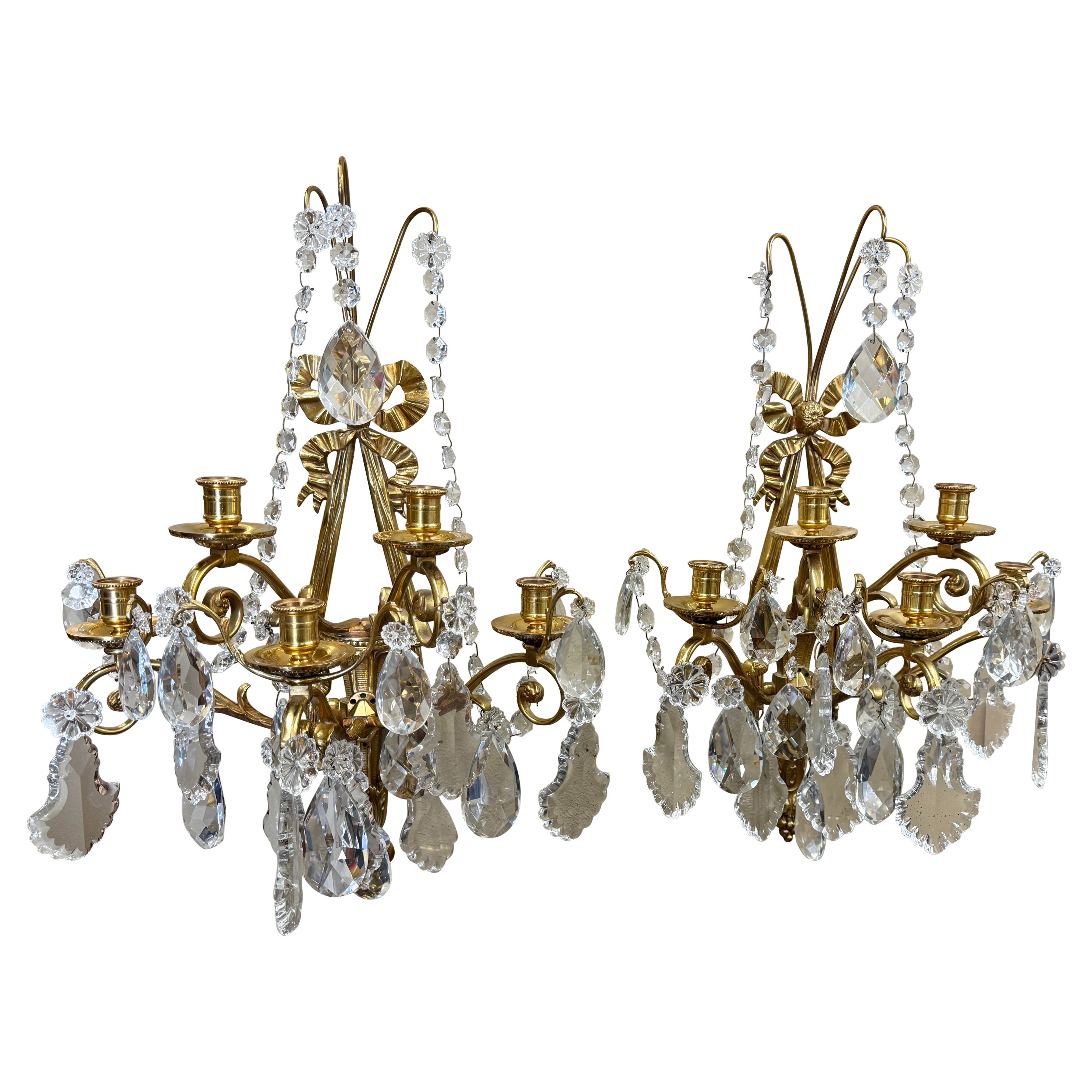 Pair of Mid-Century French Louis XVI Crystal and Bronze Dore Five-Light Sconces For Sale