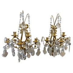 Vintage Pair of Mid-Century French Louis XVI Crystal and Bronze Dore Five-Light Sconces