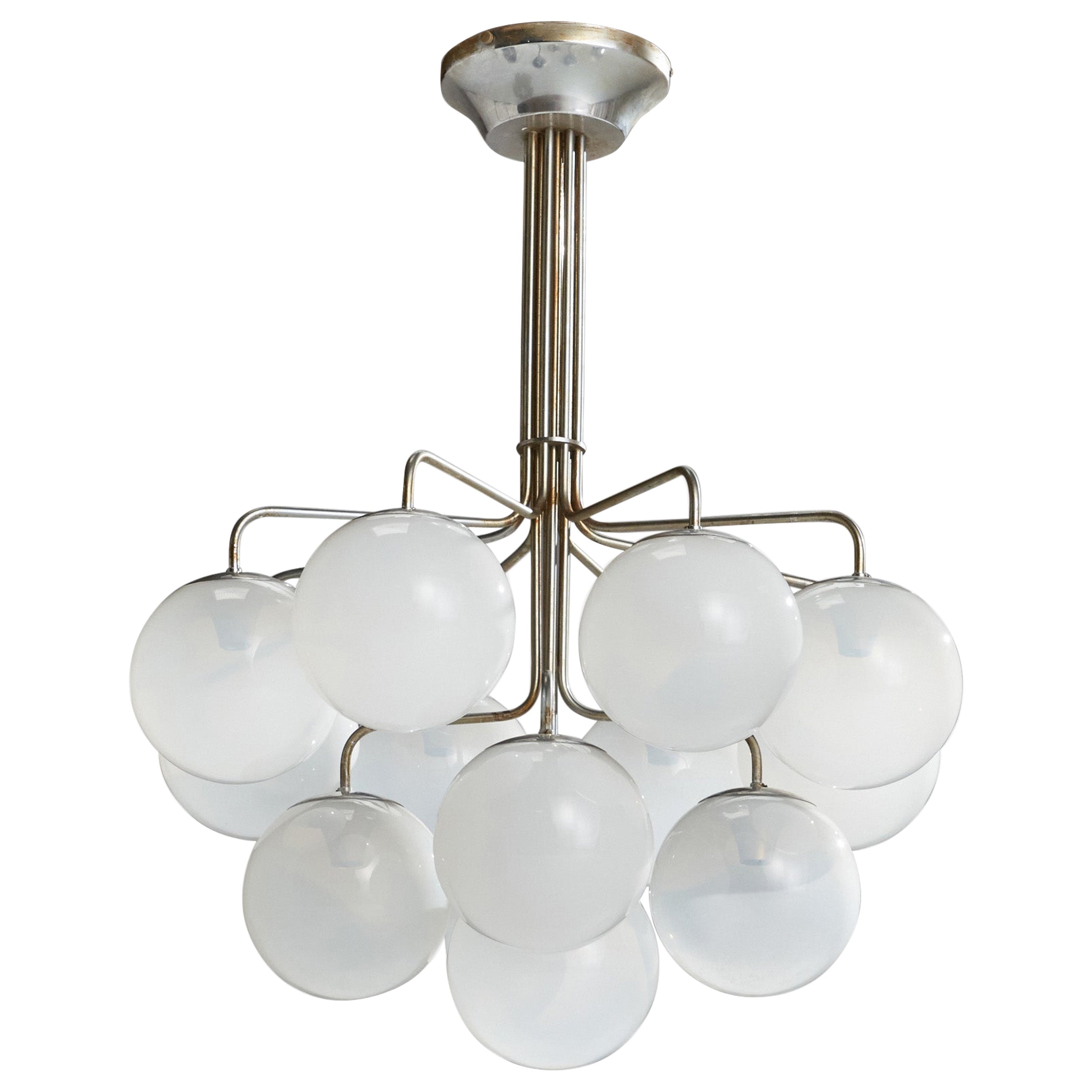 Candle, Chandelier, Nickel, Glass, Italy, 1970 For Sale