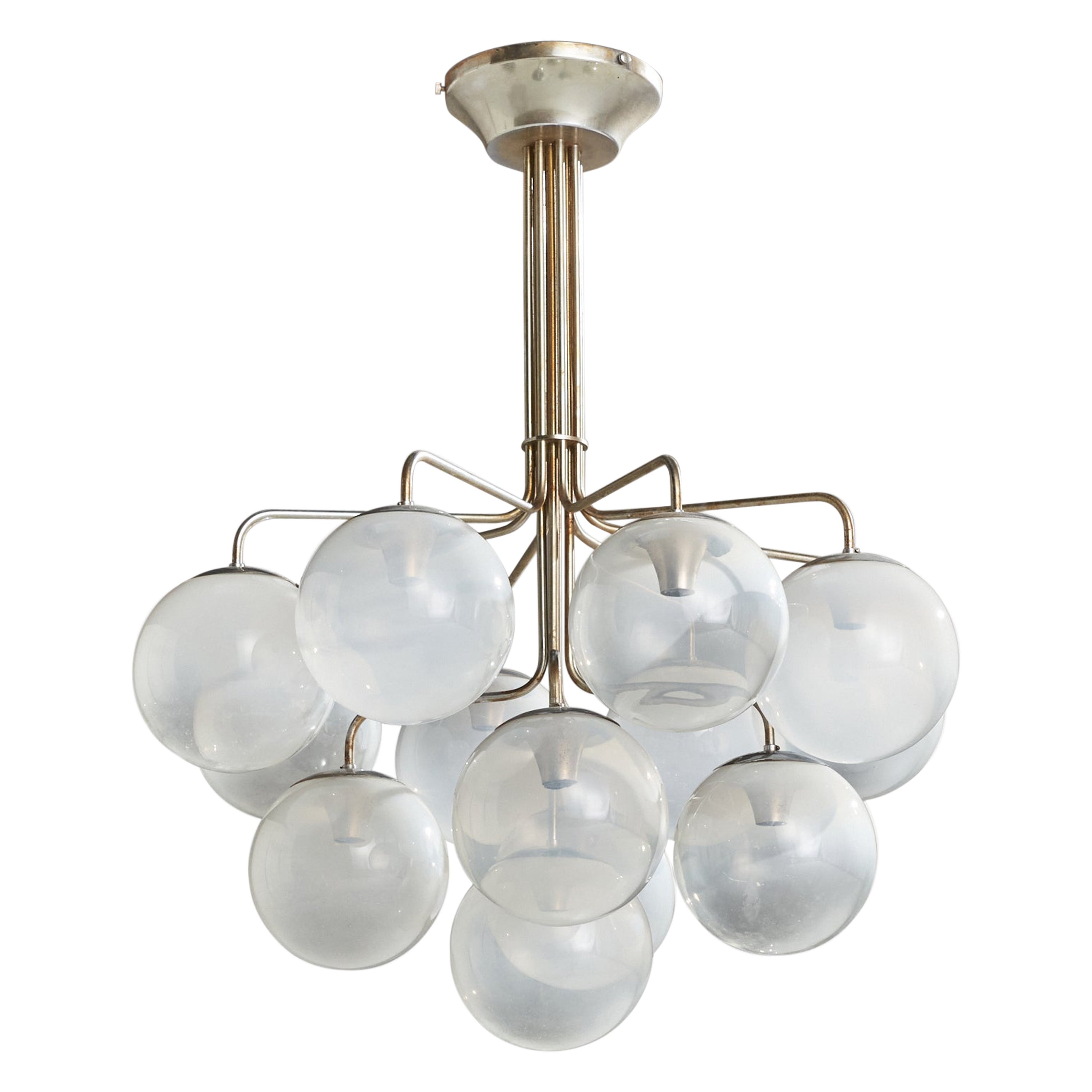 Candle, Chandelier, Nickel, Glass, Italy, 1970 For Sale