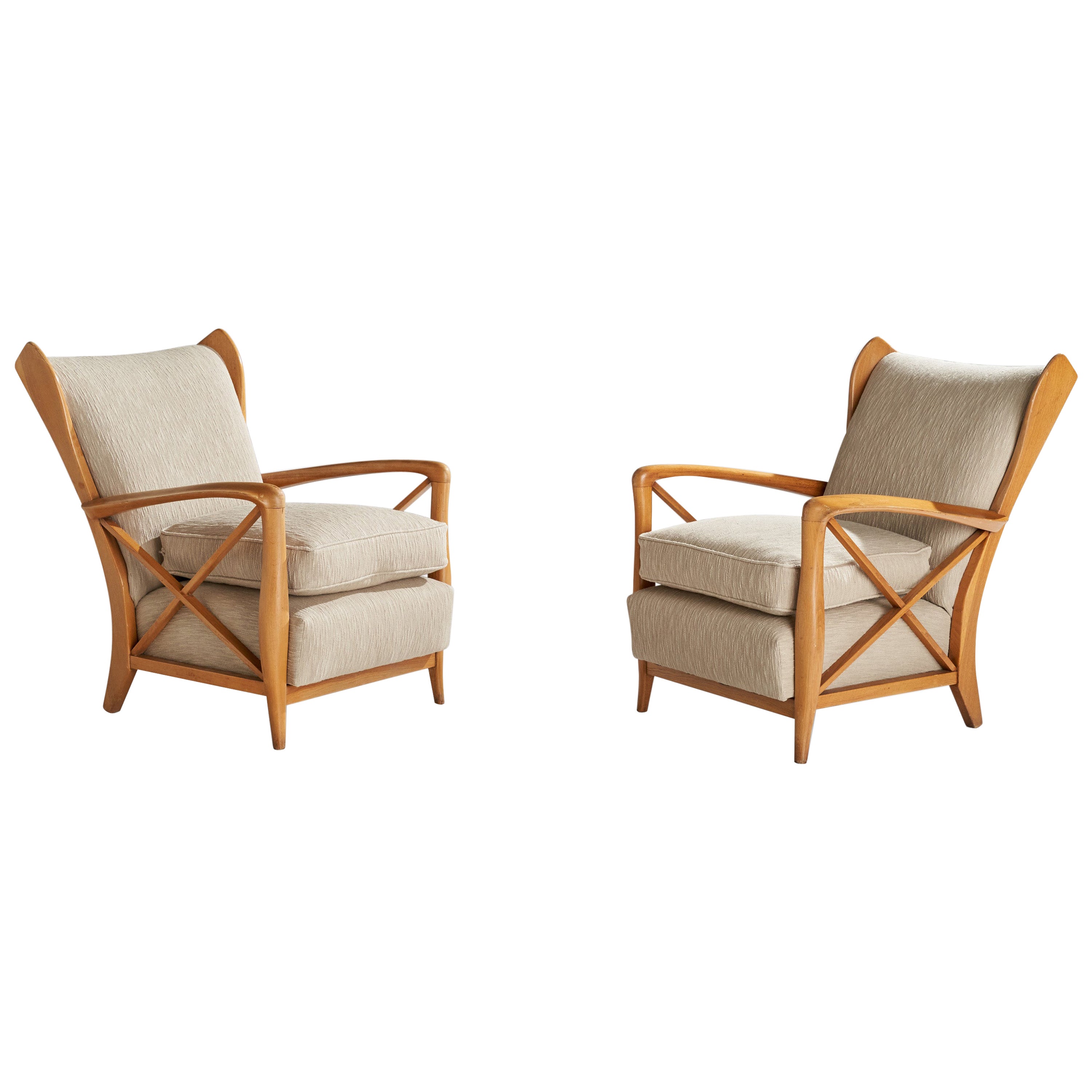 Italian Designer, Lounge Chairs, Oak, Fabric, Italy, 1940s For Sale