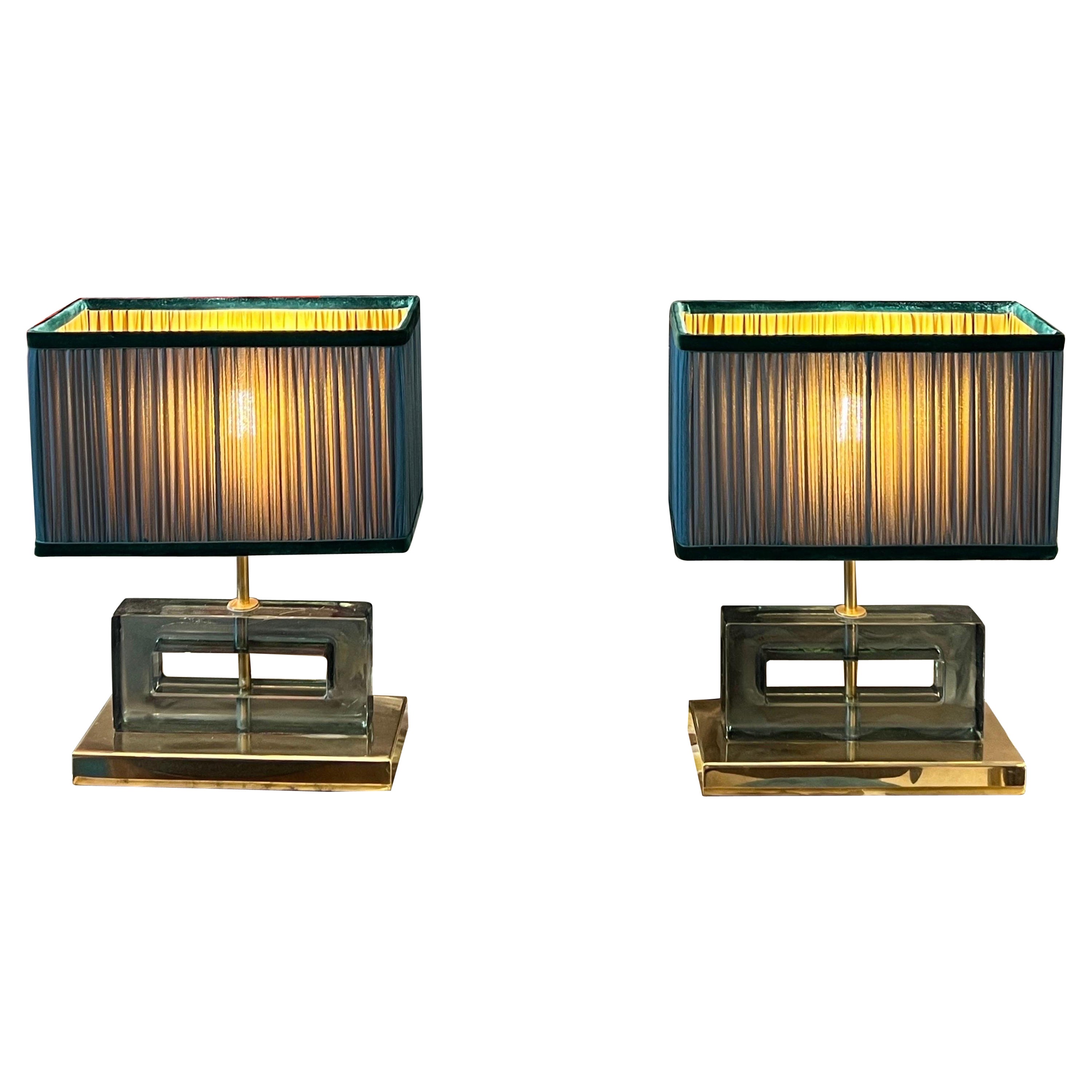 Light Green Murano Glass Blocks Lamps with Our Matching Lampshades, 1970s For Sale