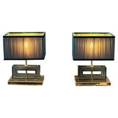Vintage Light Green Murano Glass Blocks Lamps with Our Matching Lampshades, 1970s