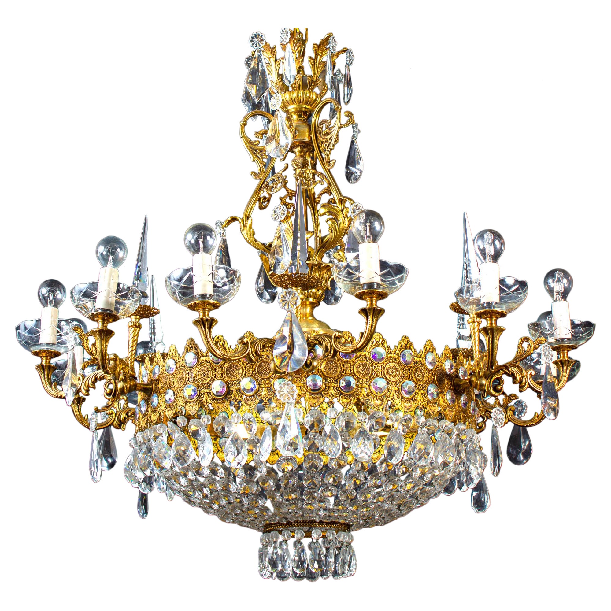 Luxurious Crystal and Brass Chandelier, Italy, 1930 For Sale