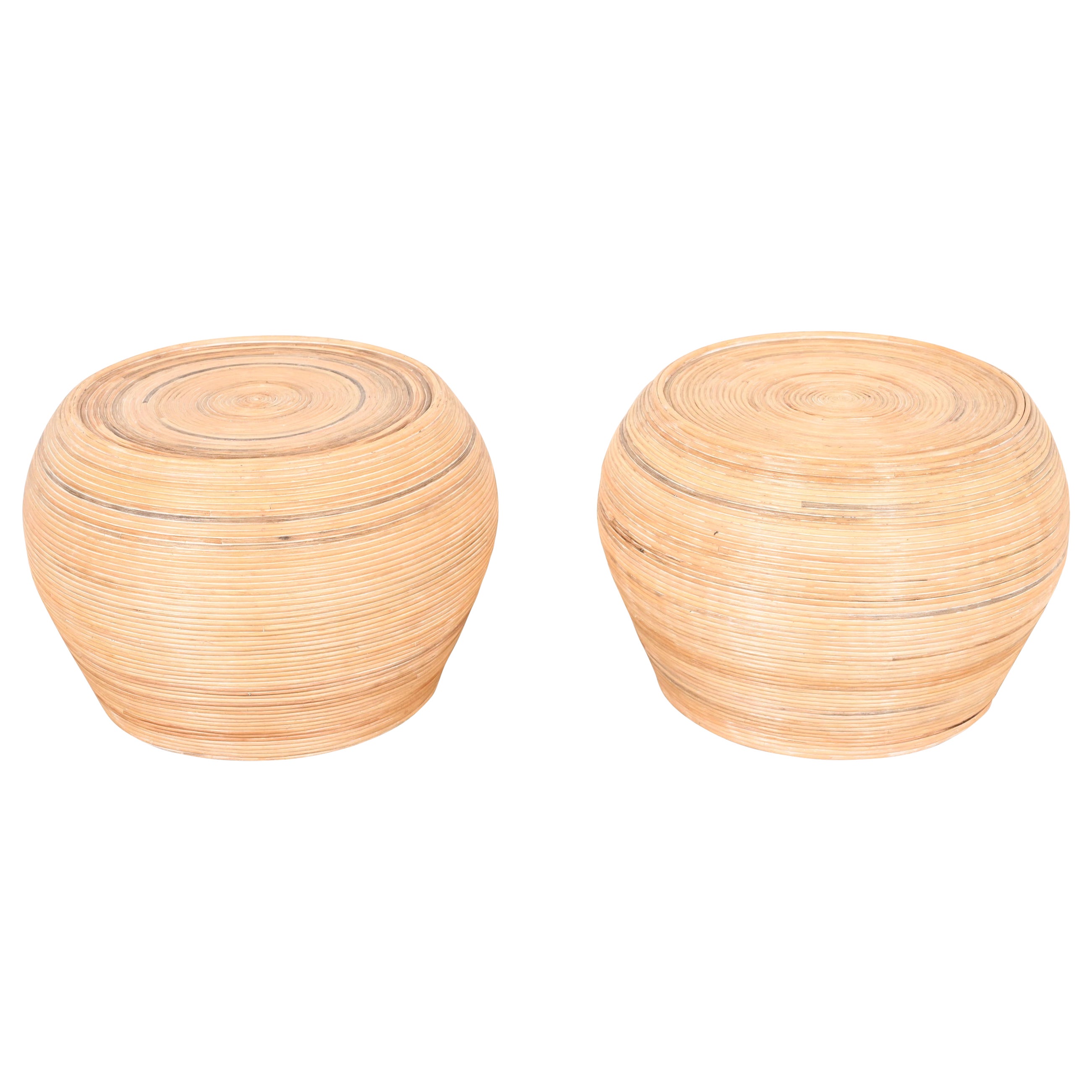 Gabriella Crespi Style Organic Modern Split Reed Rattan Round Side Tables, Pair