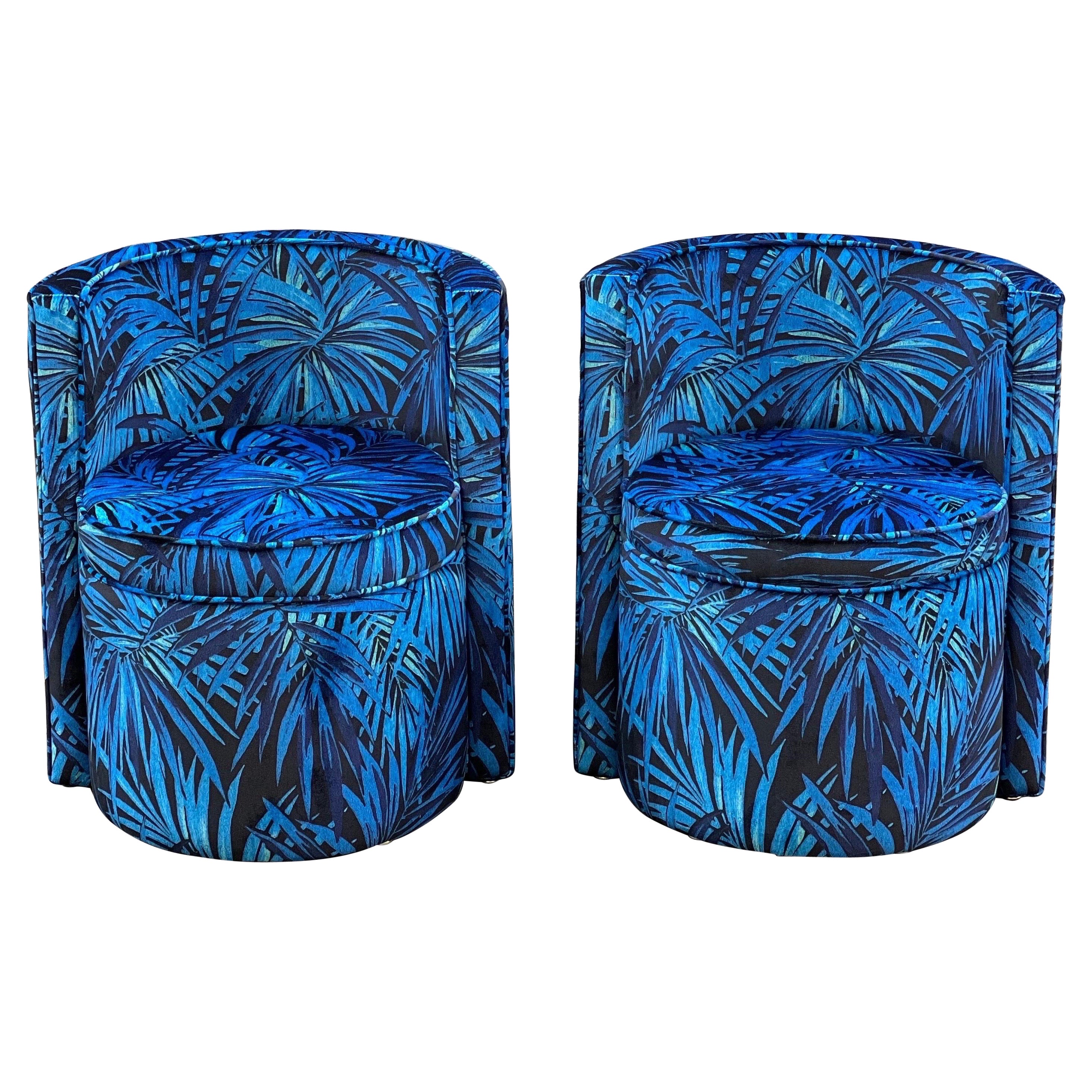 Pair of Upholstered  Armchairs  with Floral Velvet in Shades of Blue  1980