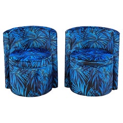 Vintage Pair of Upholstered  Armchairs  with Floral Velvet in Shades of Blue  1980
