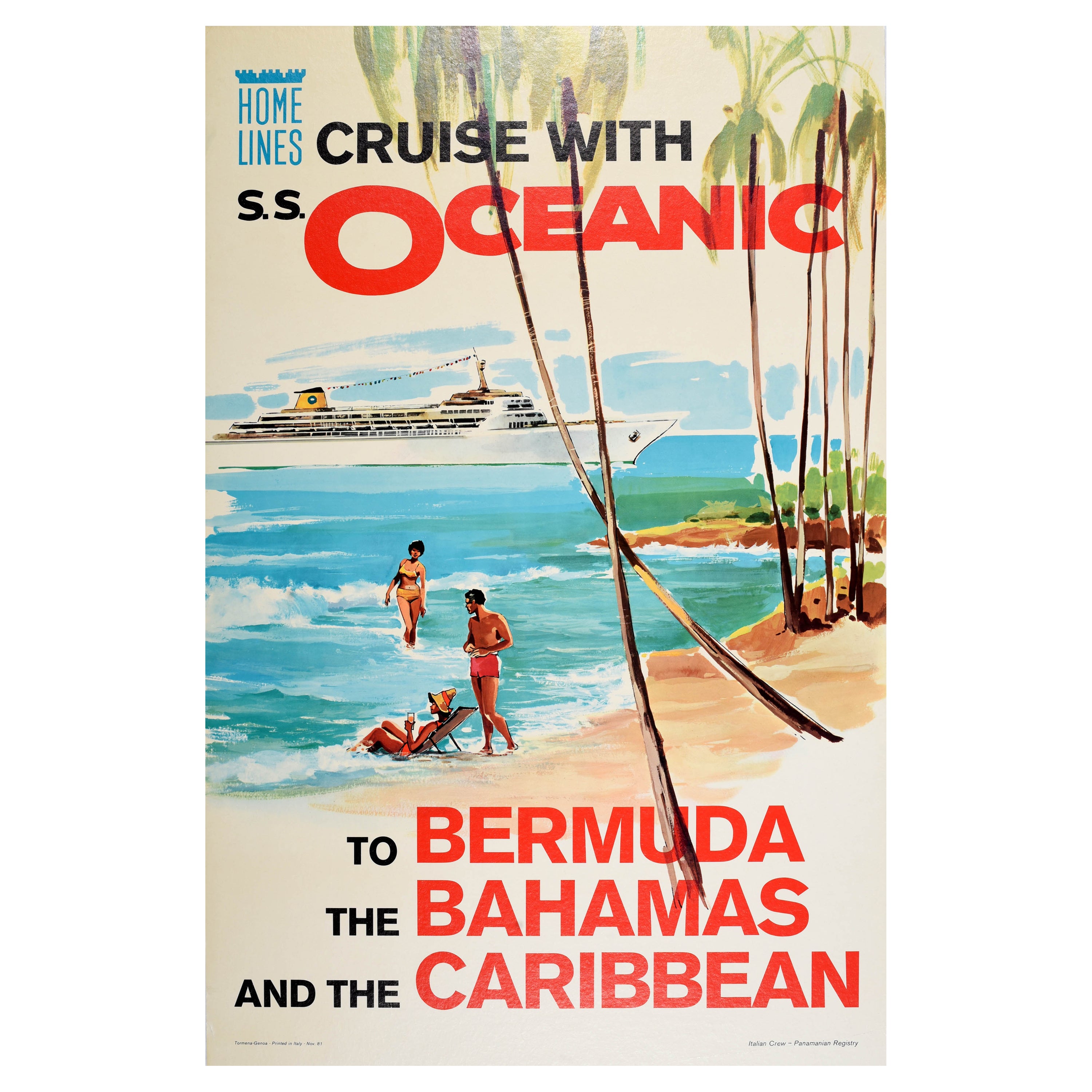 Affiche de voyage originale de croisière océanique Bermuda Bahamas Caribbean Beach