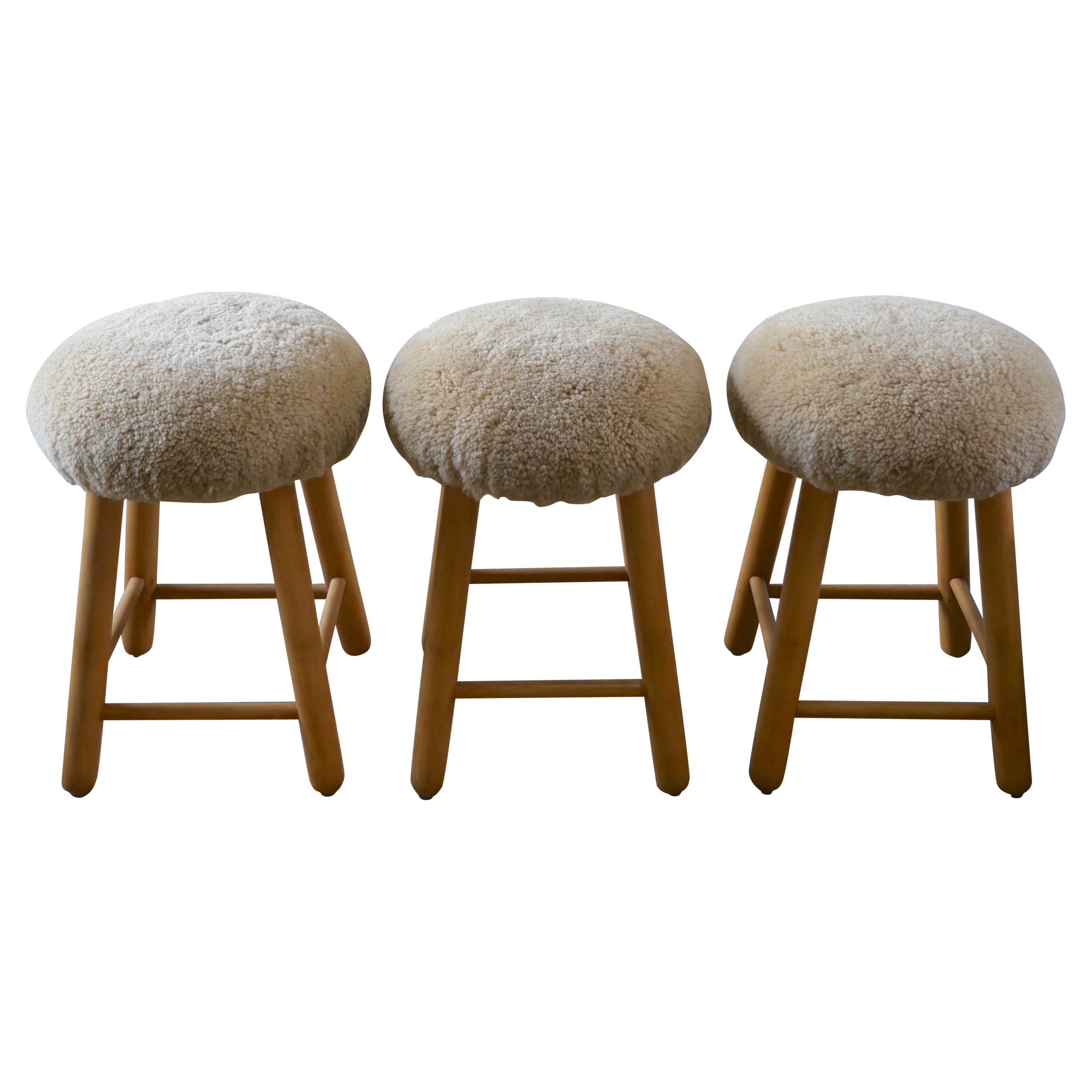 1970s Mid-Century Scandinavian Sheepskin Wooden Stools 