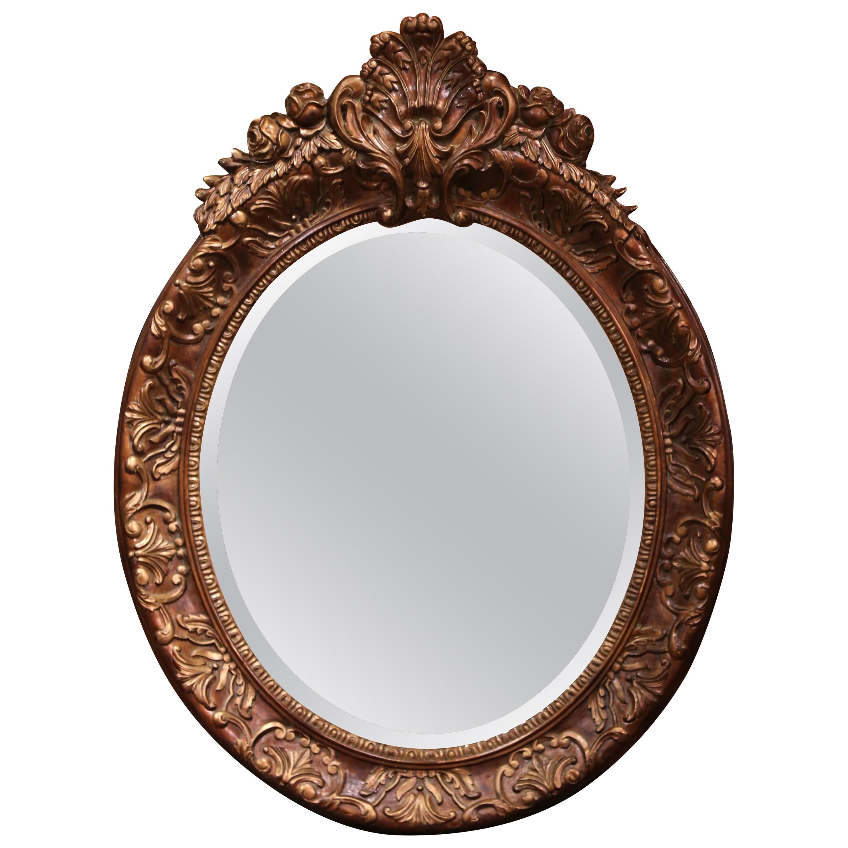 Vintage Louis XV Stil geschnitzt Giltwood abgeschrägten ovalen Spiegel mit Shell Cartouche