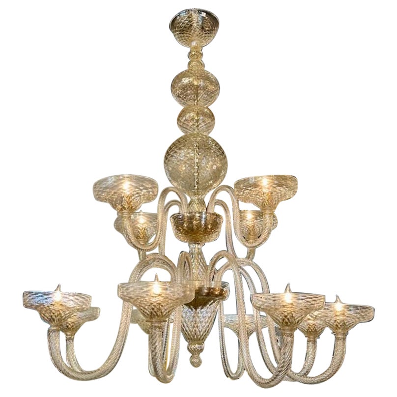 Large Scale Two-Tiered Gold Murano Glass Chandelier For Sale