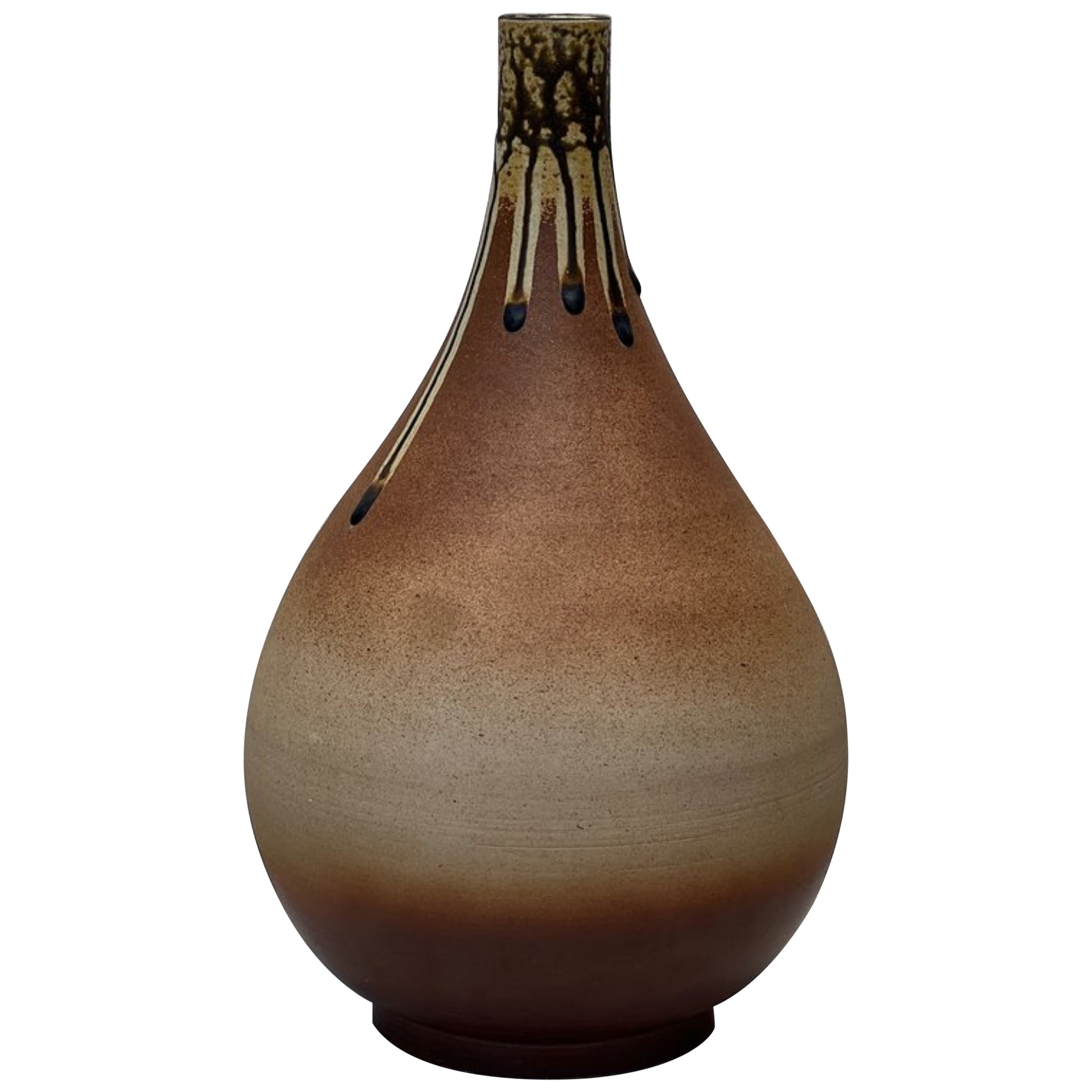 Mid Century Brown Teardrop Pottery Vase For Sale
