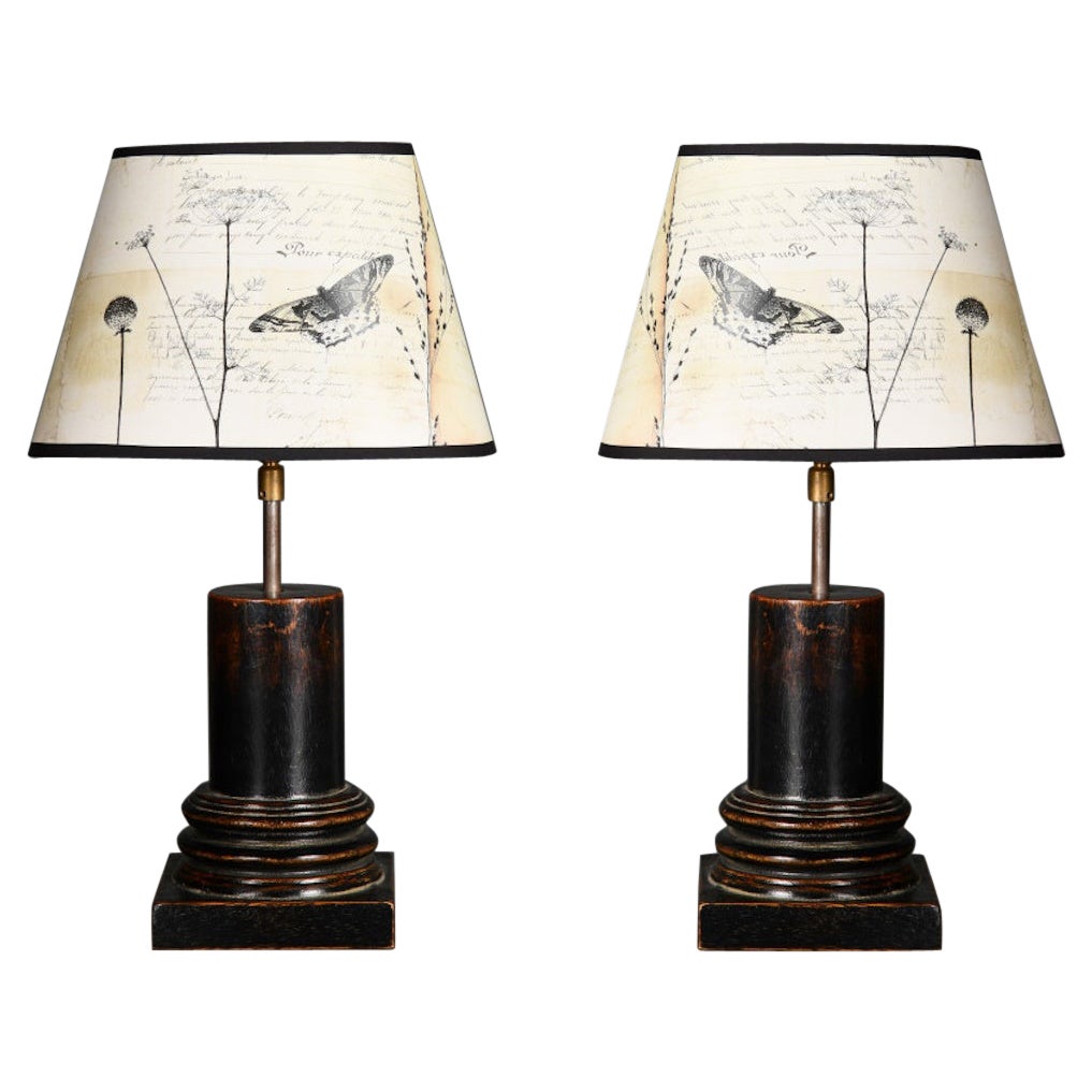 Pair of Blackened Wood Column Table Lamps, XXth Century. For Sale