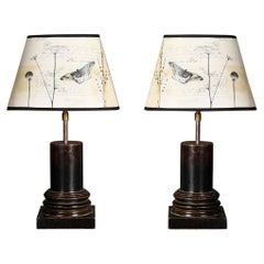 Pair of Blackened Wood Column Table Lamps, XXth Century.