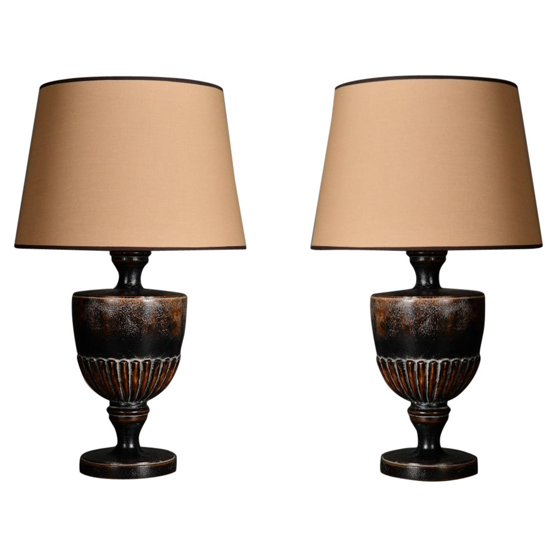 Pair of Blackened Wood Baluster Table Lamps, XXth Century. For Sale