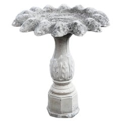 Vintage Concrete Blumenblatt-Vogelbath aus Beton auf geriffeltem Sockel