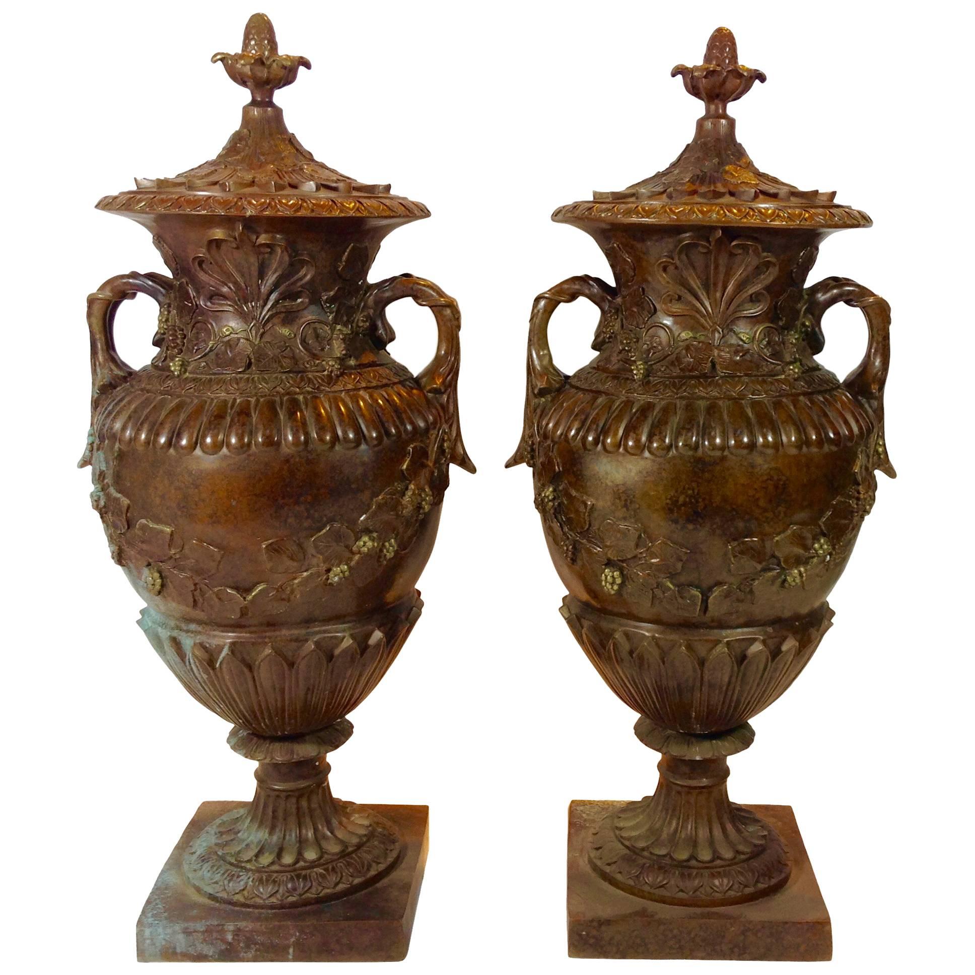 Pair of Large Art Nouveau Style Bronze Lidded Urns For Sale