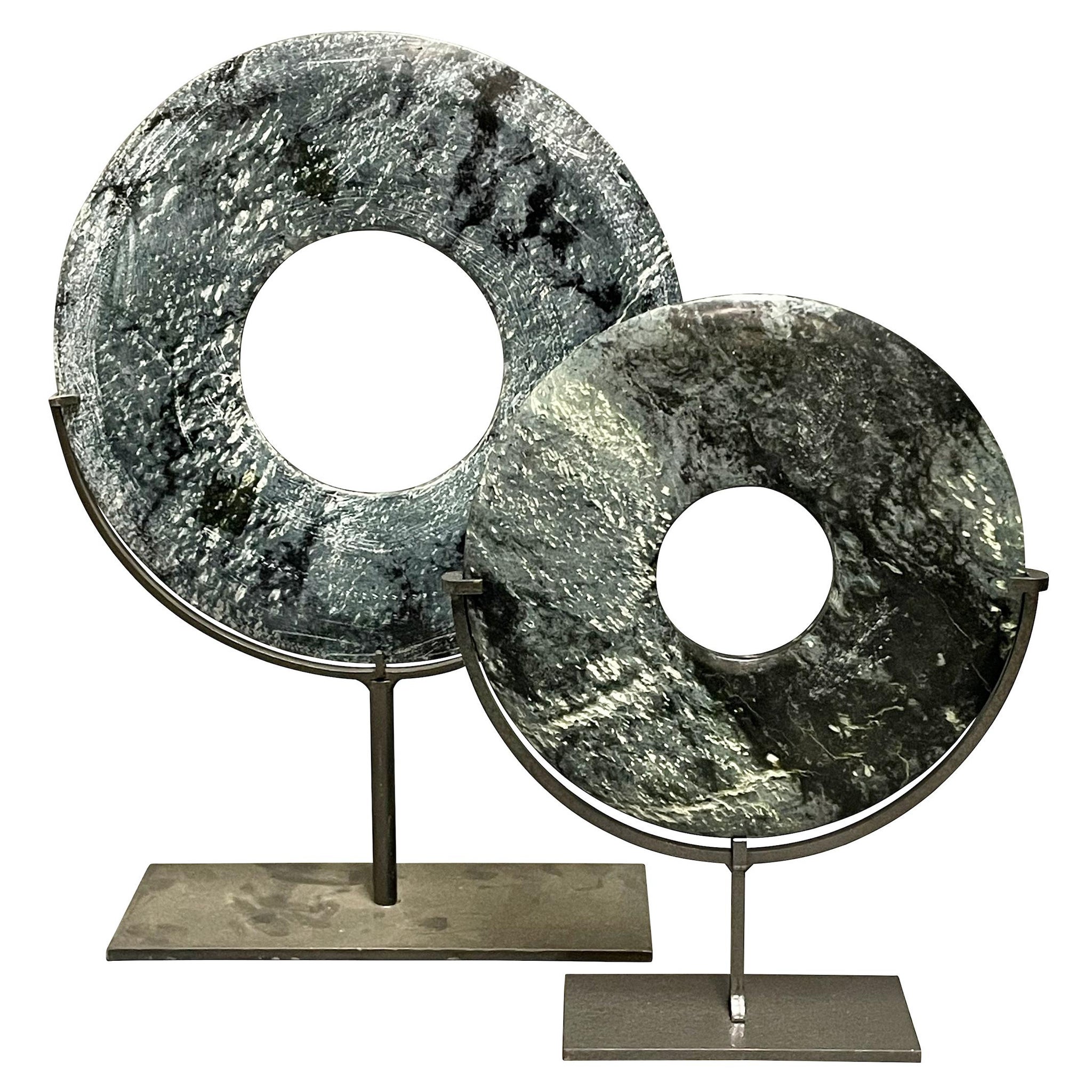 Blue, Grey, Black Set Of Two Jade Disc Sculptures On Stands, China, Contemporary For Sale