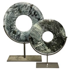 Blue, Grey, Black Set Of Two Jade Disc Sculptures On Stands, China, Contemporary