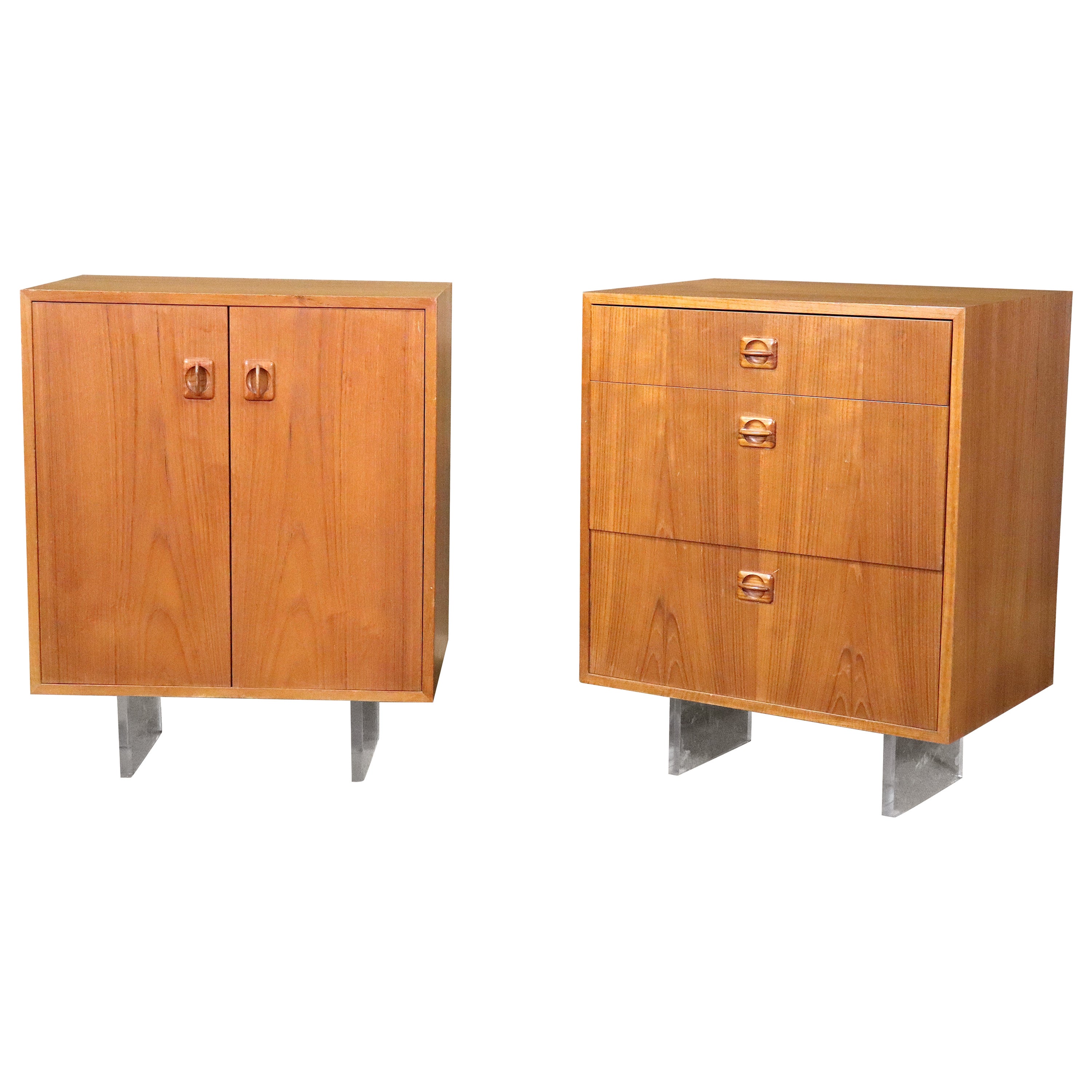 Teak Cabinet & Dresser w/ Acrylic Legs For Sale