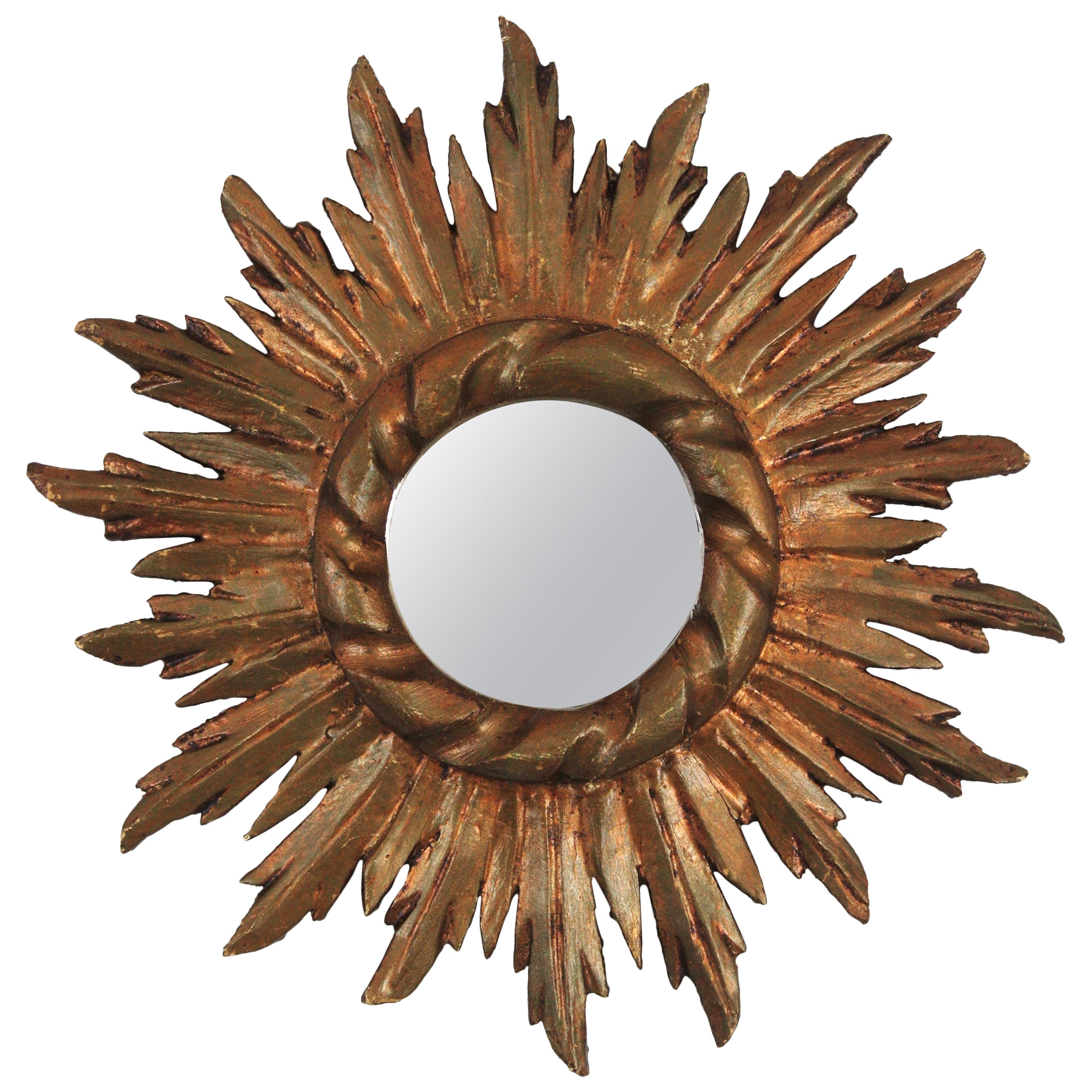 Miroir espagnol Sunburst en bois doré de style baroque, petite taille en vente
