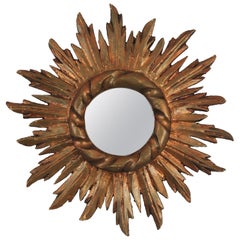 Retro Spanish Sunburst Giltwood Mirror in Baroque Style, Small Size