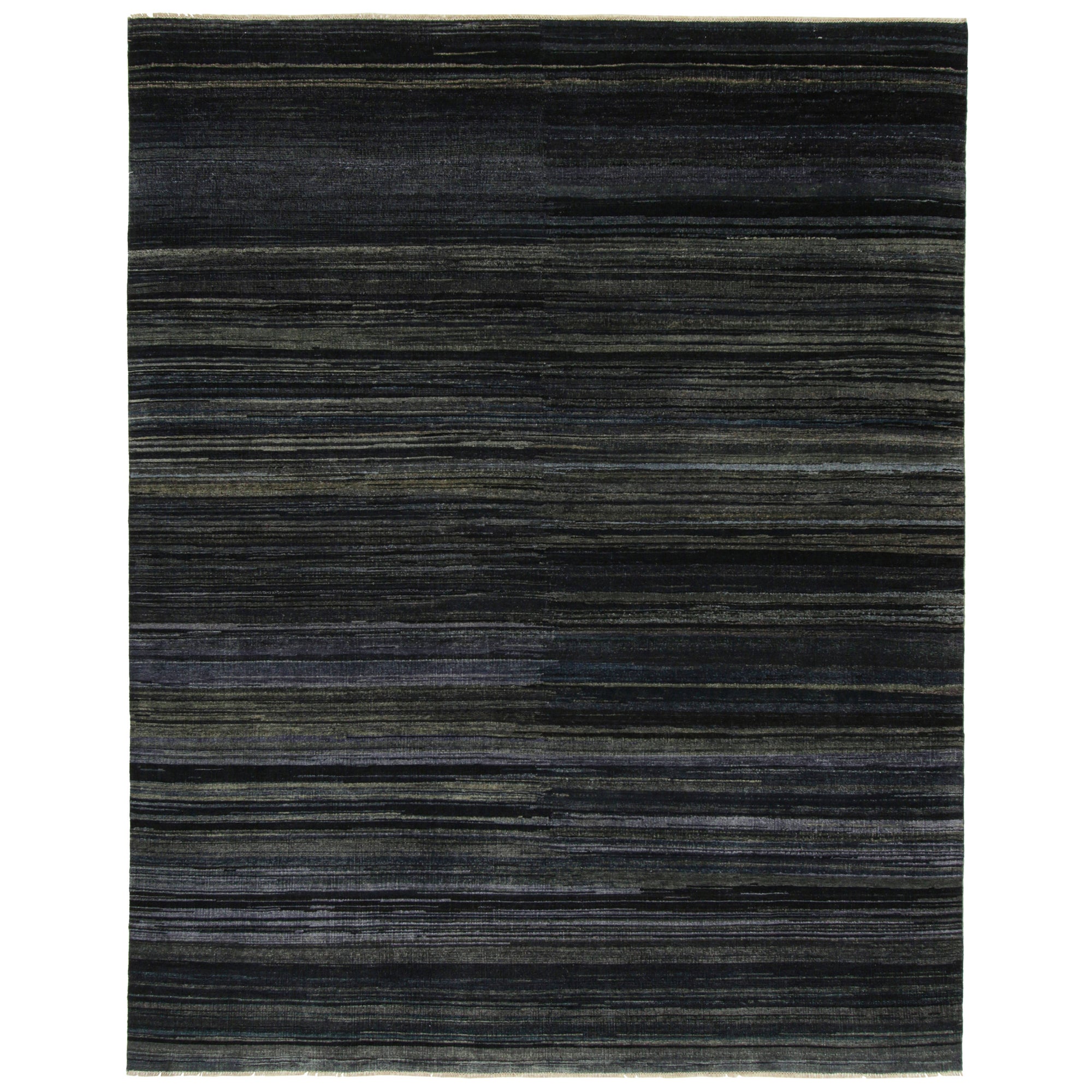 Rug & Kilim’s Modern Textural Rug in Grisaille Blue and Black Stripes and Striae For Sale