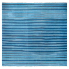 Tapis indien vintage Dhurrie rayé bleu