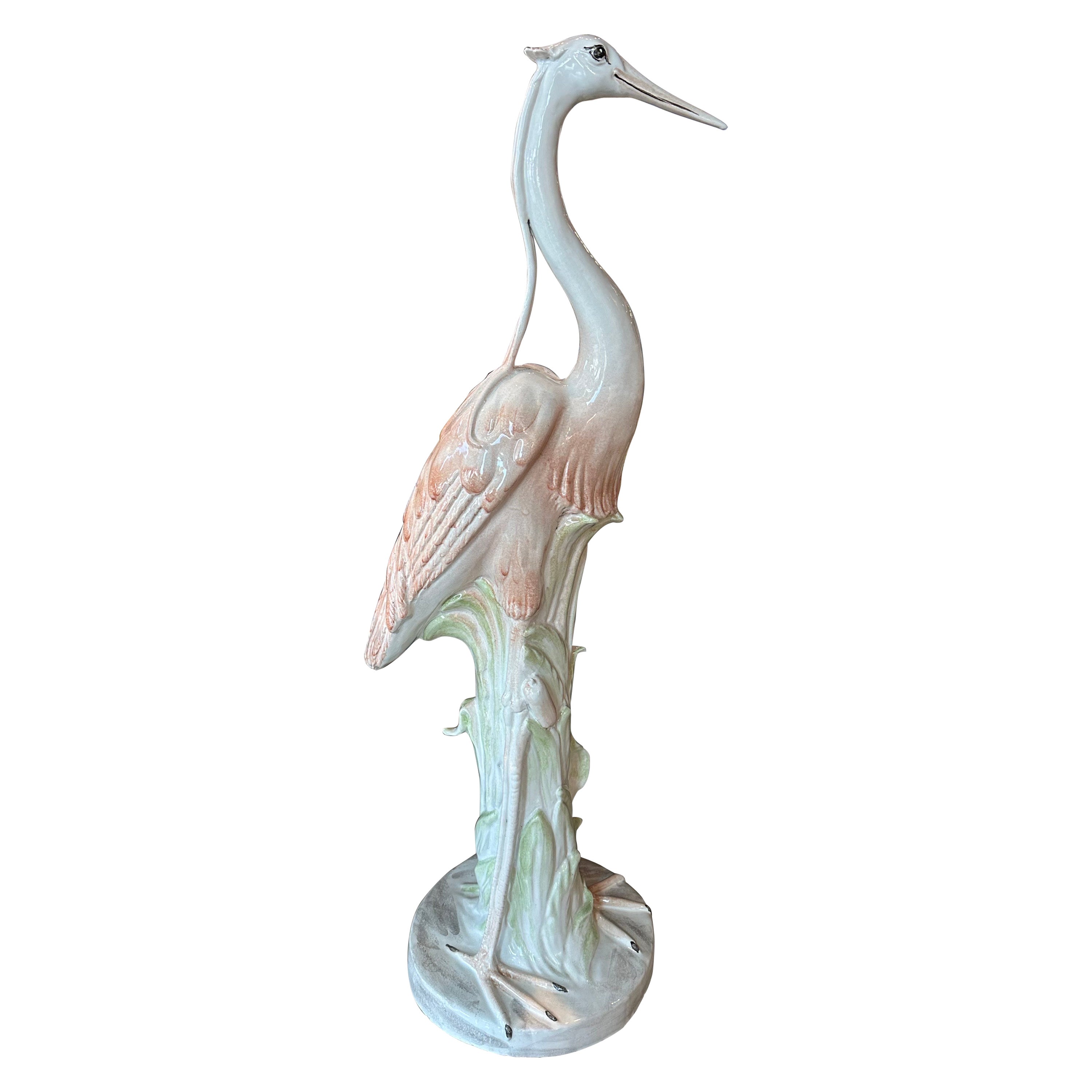Estatua grande de cerámica italiana vintage Flamingo Pájaro rosa Palm Beach Tropical
