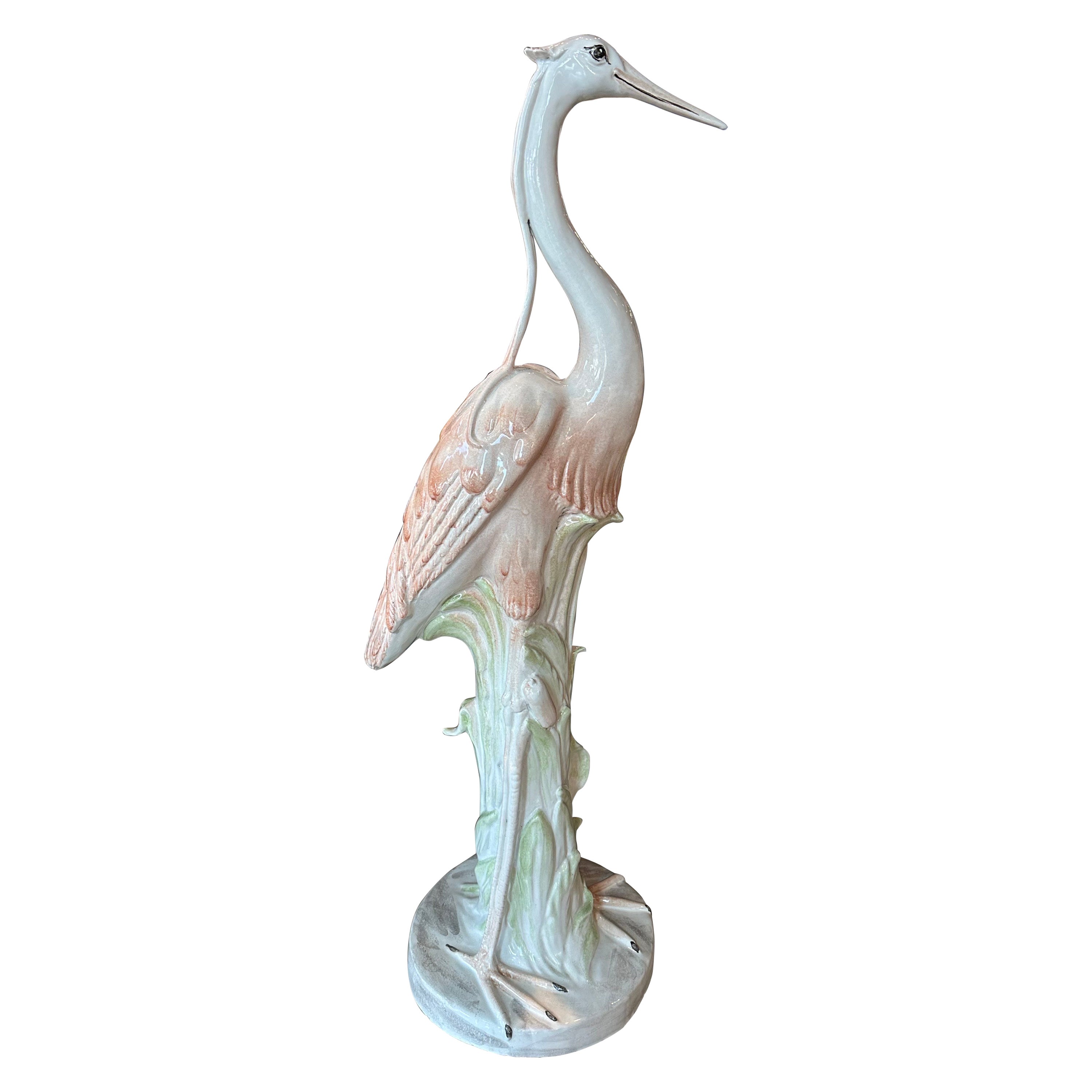 Vintage Italian Ceramic Flamingo Pink Bird Palm Beach Tropical Large Statue  For Sale