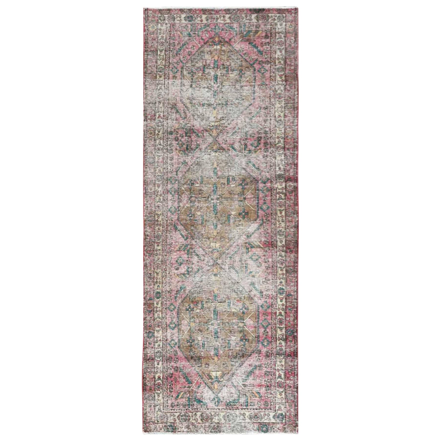 Vintage Red Northwest Persian Worn Down Hand Knotted Wool Runner Rug 3'10"x10'3" For Sale