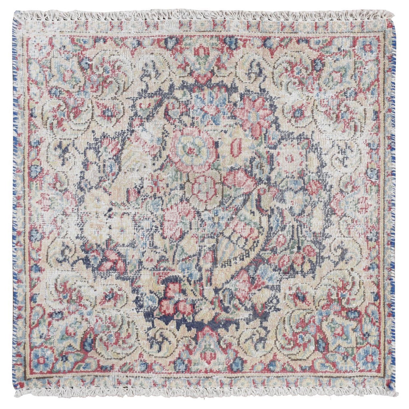 Blue Hand Knotted Old Persian Kerman Leaf and Bird Design All Wool Rug 1'7"x1'7" For Sale