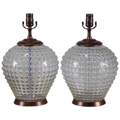 Pair of Vintage French Hobnail Glass Vessels, circa 1920, Wired as Lamps 