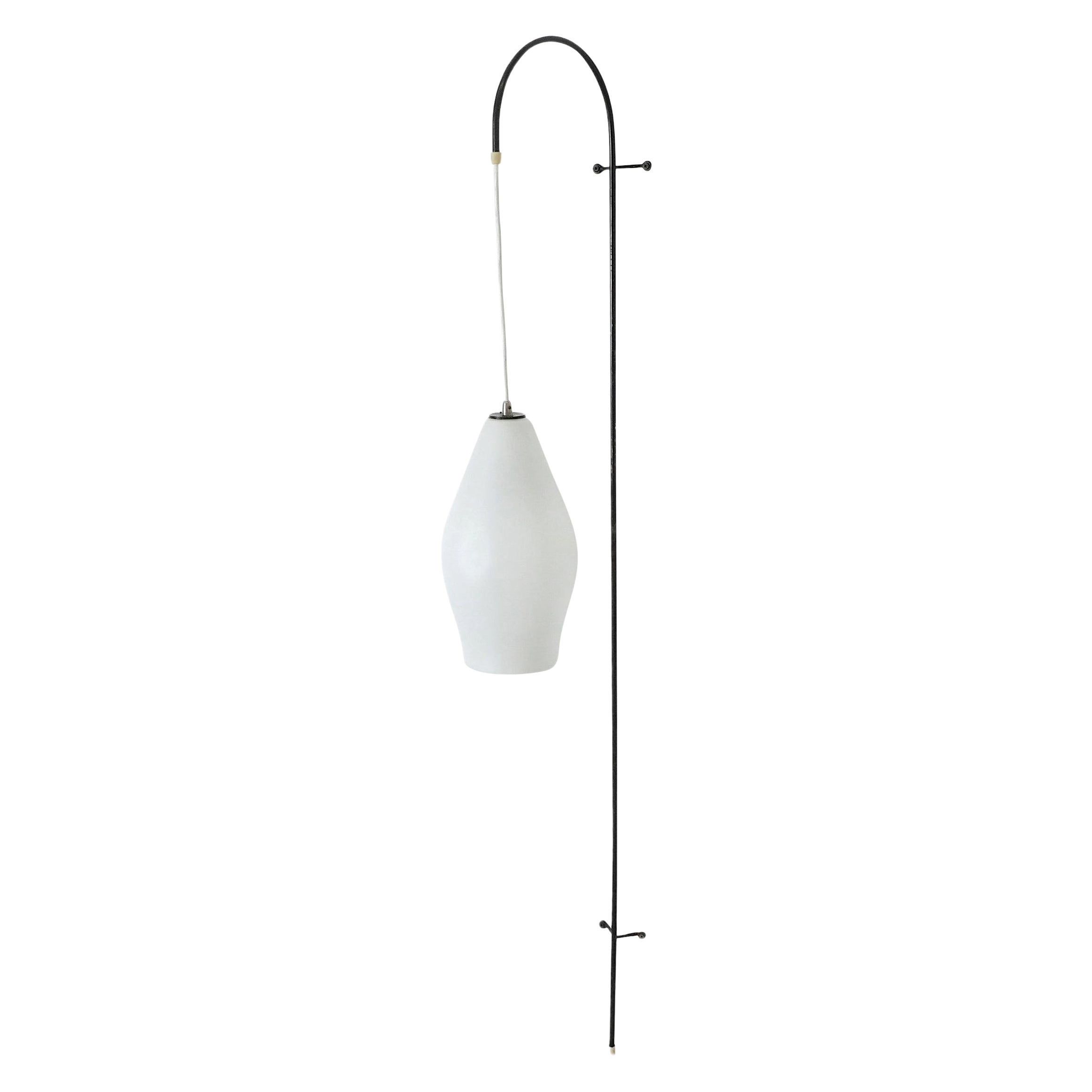 Mid-Century Fishing Pole Style Wall Mounted Lamp with Milk Glass Shade For Sale